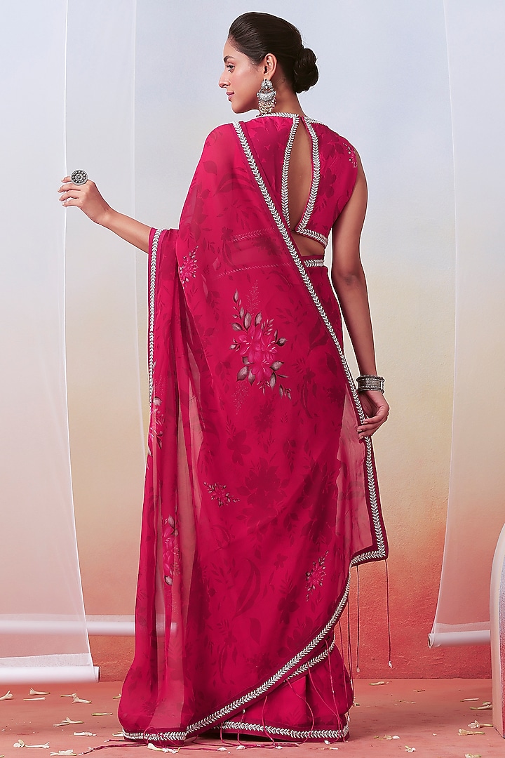 Pink Georgette Foil Printed & Hand Embroidered Party Wear Saree Set by Isha Gupta Tayal at Pernia's Pop Up Shop