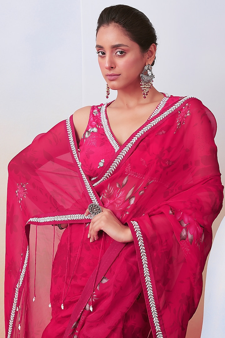 Pink Georgette Foil Printed & Hand Embroidered Party Wear Saree Set by Isha Gupta Tayal at Pernia's Pop Up Shop