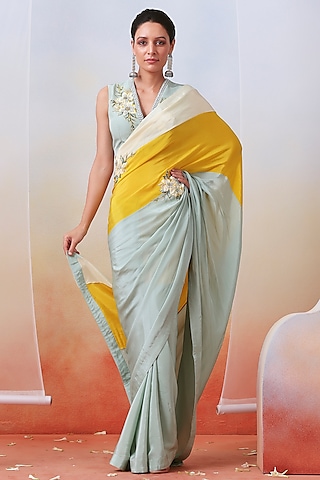 Yellow Floral Embellished Saree – Lashkaraa
