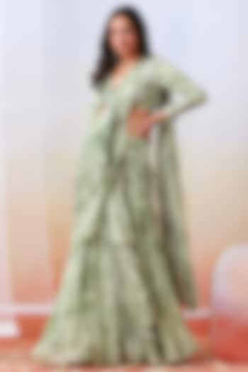 Sage Green Printed Pre-Stitched Saree Set by Isha Gupta Tayal