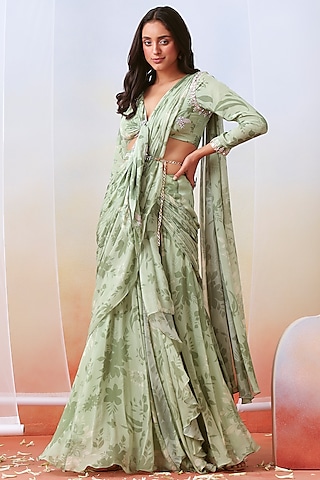 Sage Green Printed Pre-Stitched Saree Set by Isha Gupta Tayal