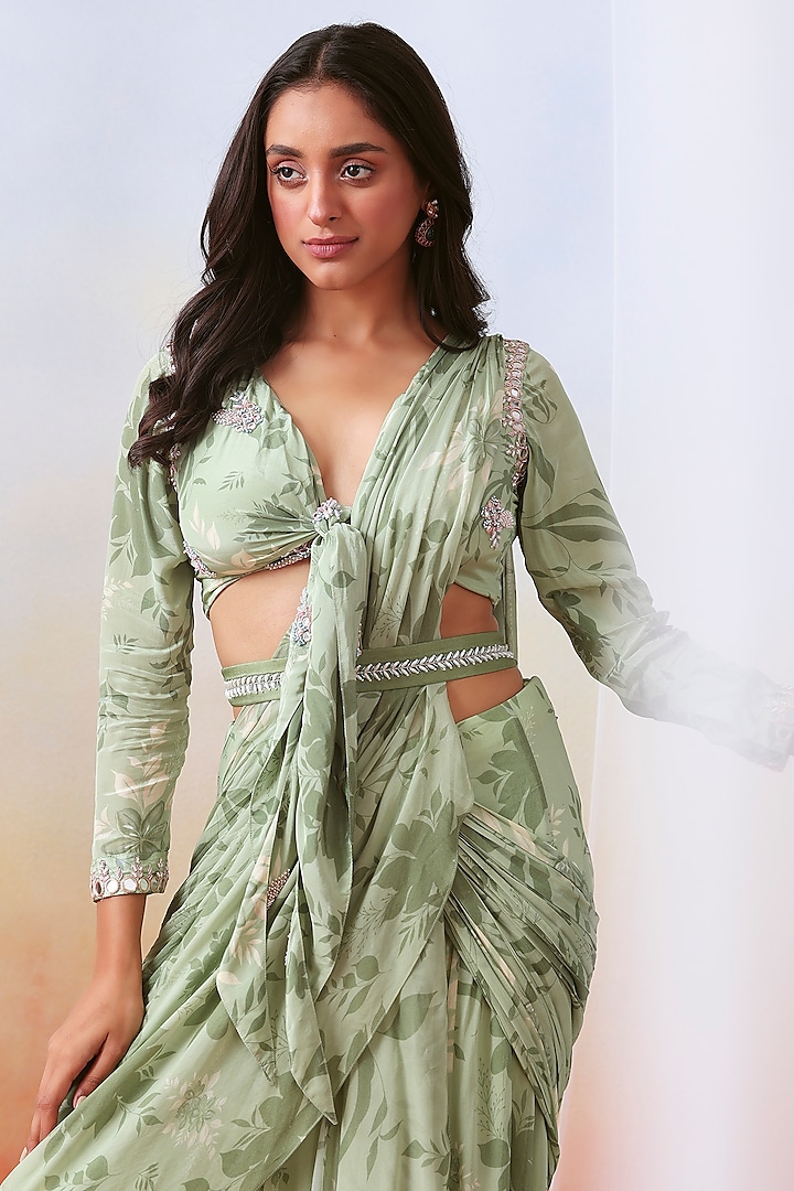Sage Green Printed Pre-Stitched Wedding Saree Set by Isha Gupta Tayal at Pernia's Pop Up Shop