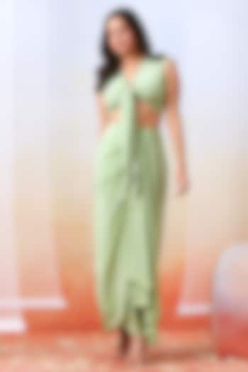 Sage Green Crepe Draped Skirt Set by Isha Gupta Tayal at Pernia's Pop Up Shop