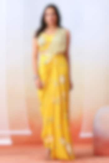 Yellow Crepe Pre-Stitched Saree Set by Isha Gupta Tayal
