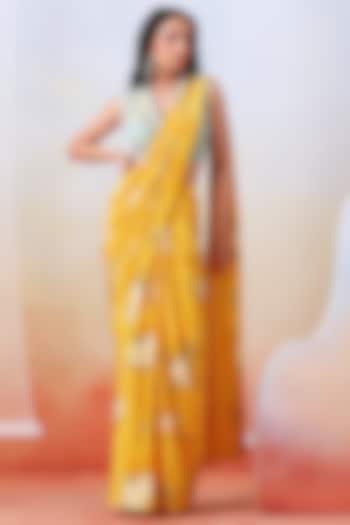 Yellow Crepe Printed Pre-Stitched Saree Set by Isha Gupta Tayal