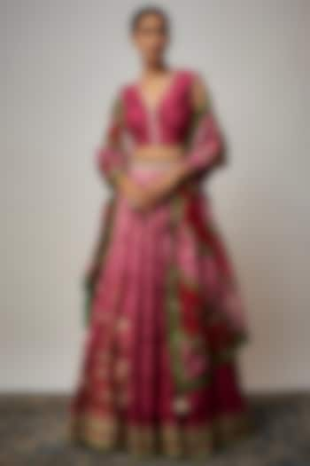 Pink Chanderi Silk Floral Printed Wedding Lehenga Set by Isha Gupta Tayal at Pernia's Pop Up Shop