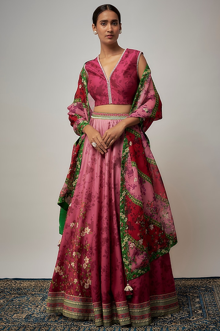 Pink Chanderi Silk Floral Printed Wedding Lehenga Set by Isha Gupta Tayal at Pernia's Pop Up Shop