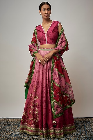 Pink Chanderi Silk Floral Printed Lehenga Set by Isha Gupta Tayal