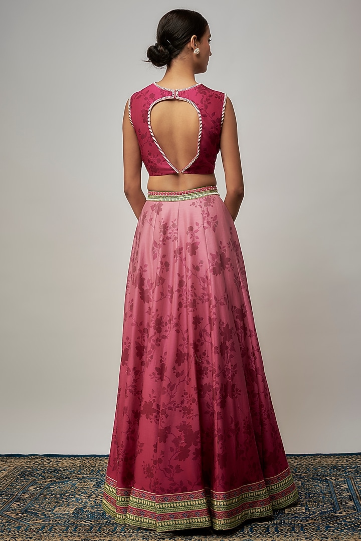 Pink Chanderi Silk Floral Printed Wedding Lehenga Set by Isha Gupta Tayal at Pernia's Pop Up Shop