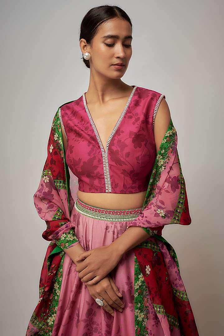 Pink Chanderi Silk Floral Printed Wedding Lehenga Set by Isha Gupta Tayal at Pernia's Pop Up Shop
