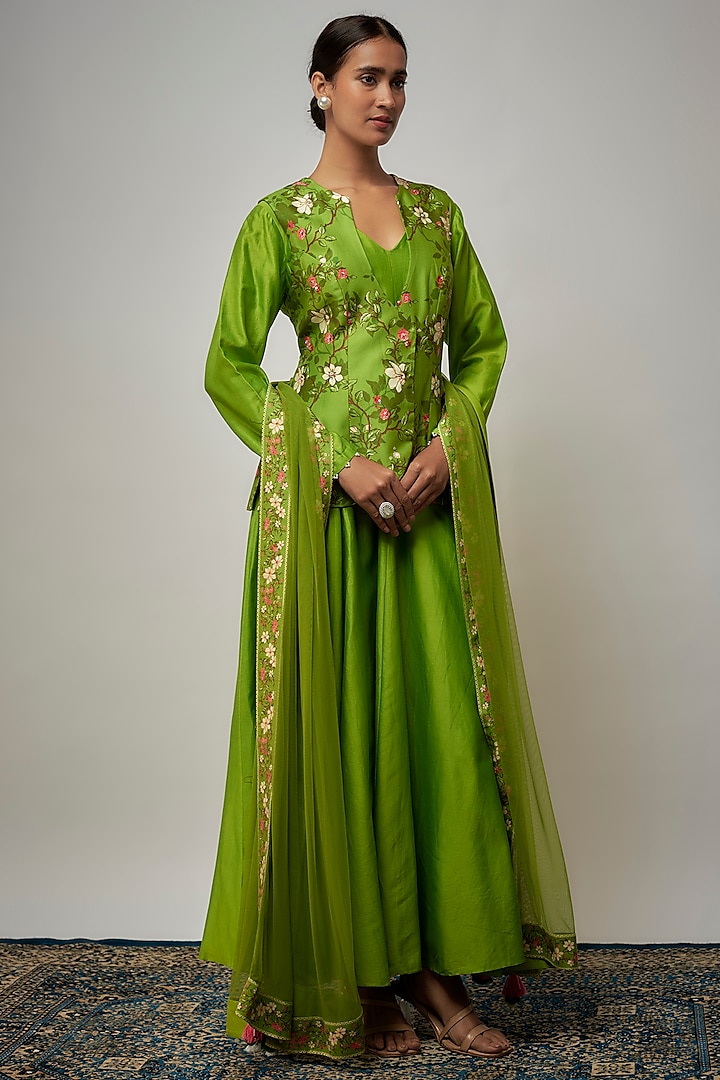 Green Chanderi Silk Floral Printed Anarkali Set by Isha Gupta Tayal at Pernia's Pop Up Shop