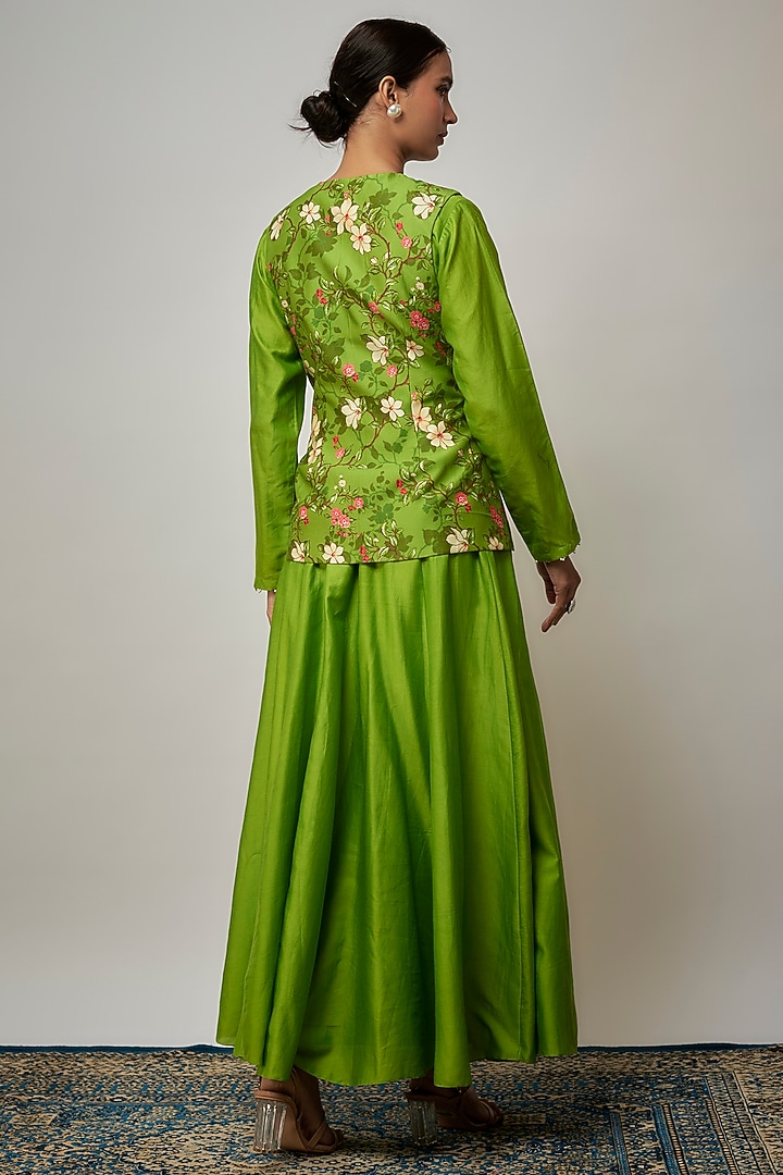 Green Chanderi Silk Floral Printed Party Wear Anarkali Set by Isha Gupta Tayal at Pernia's Pop Up Shop