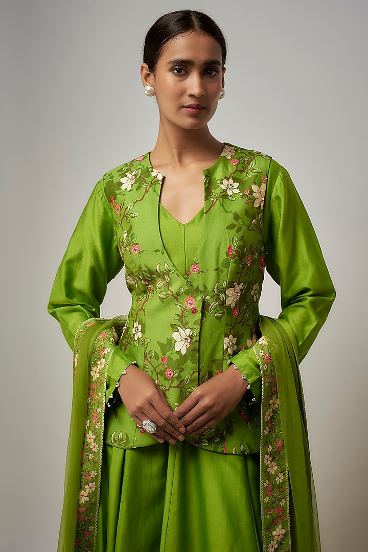 Green Chanderi Silk Floral Printed Party Wear Anarkali Set by Isha Gupta Tayal at Pernia's Pop Up Shop