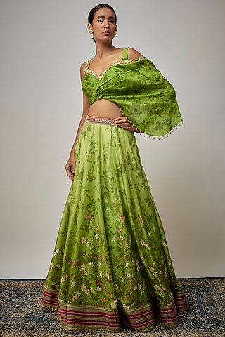 Green Chanderi Silk Floral Printed Lehenga Set by Isha Gupta Tayal