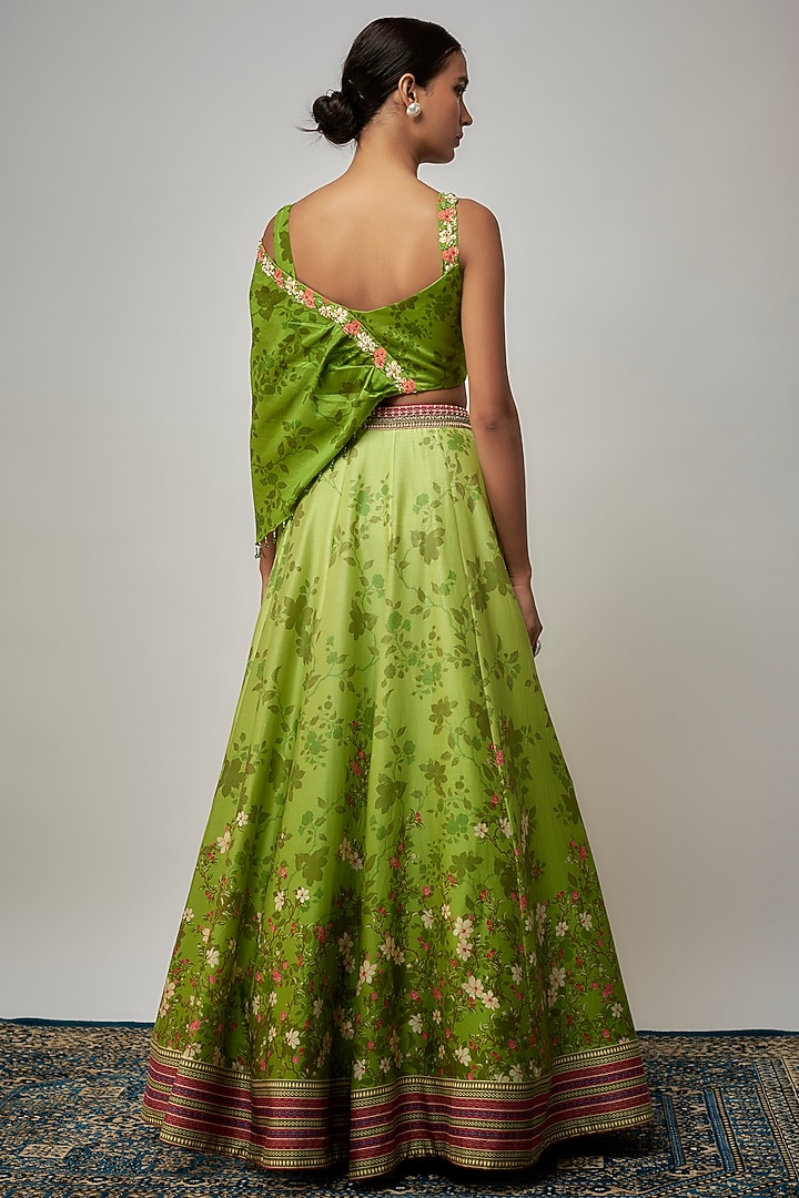 Green Chanderi Silk Floral Printed Wedding Lehenga Set by Isha Gupta Tayal at Pernia's Pop Up Shop