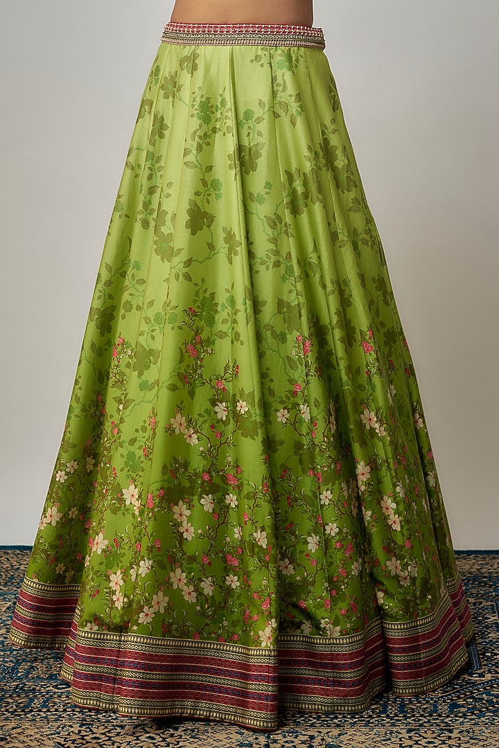 Green Chanderi Silk Floral Printed Wedding Lehenga Set by Isha Gupta Tayal at Pernia's Pop Up Shop