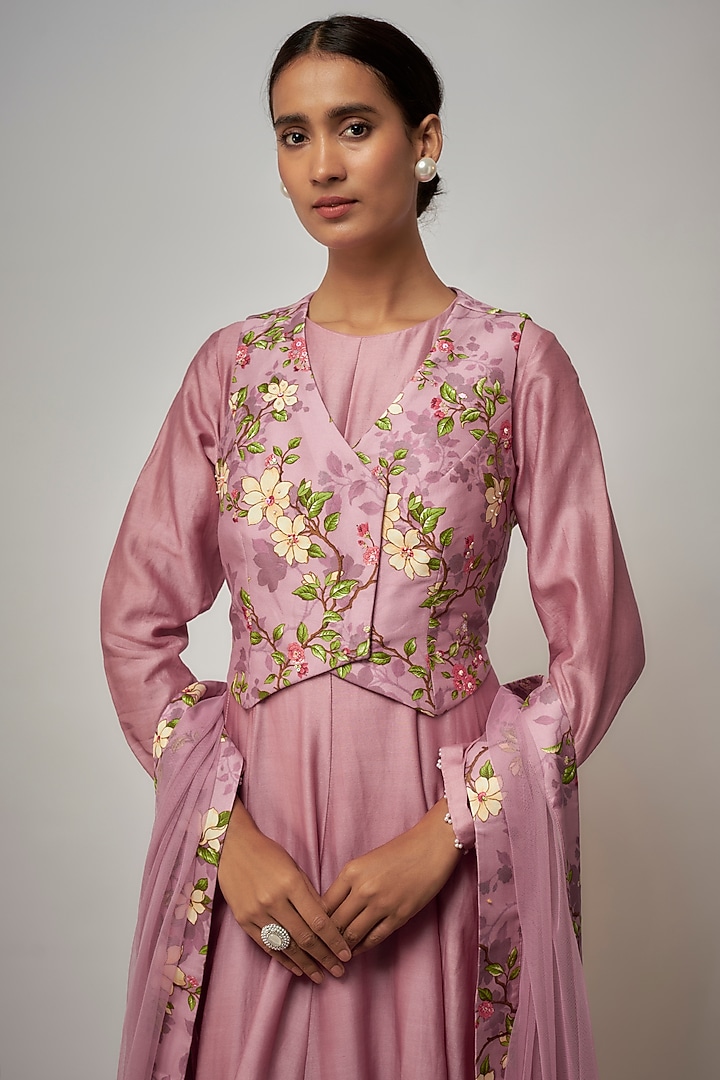 Dusty Pink Chanderi Silk Floral Printed Party Wear Anarkali Set by Isha Gupta Tayal at Pernia's Pop Up Shop