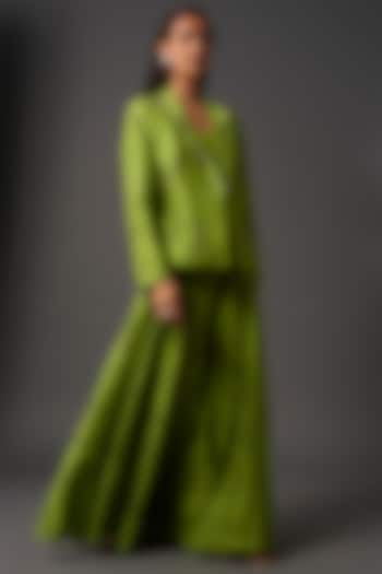 Green Chanderi Silk Printed & Embroidered Jacket Lehenga Set by Isha Gupta Tayal at Pernia's Pop Up Shop