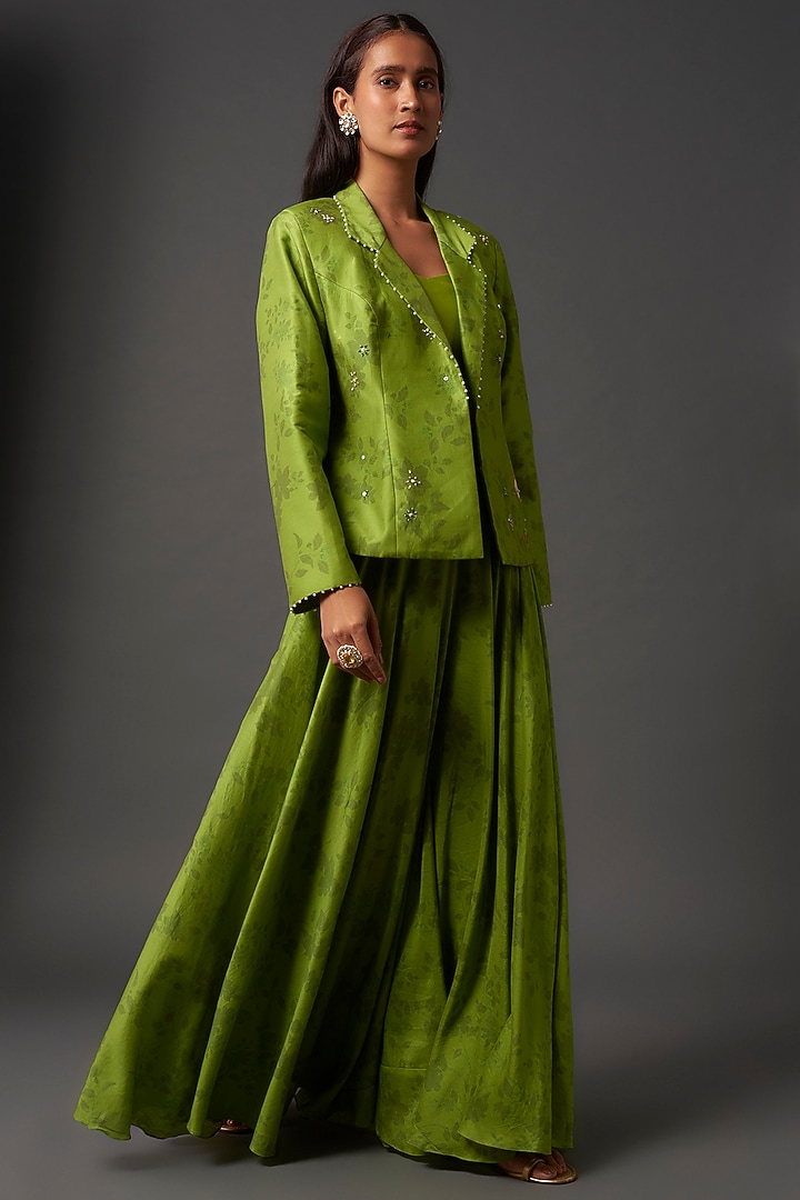 Green Chanderi Silk Printed & Embroidered Jacket Lehenga Set by Isha Gupta Tayal at Pernia's Pop Up Shop