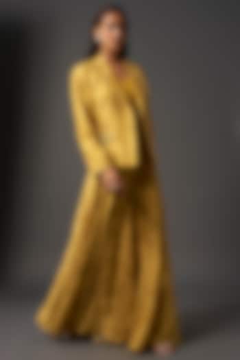 Yellow Chanderi Silk Printed Waistcoat Lehenga Set by Isha Gupta Tayal at Pernia's Pop Up Shop