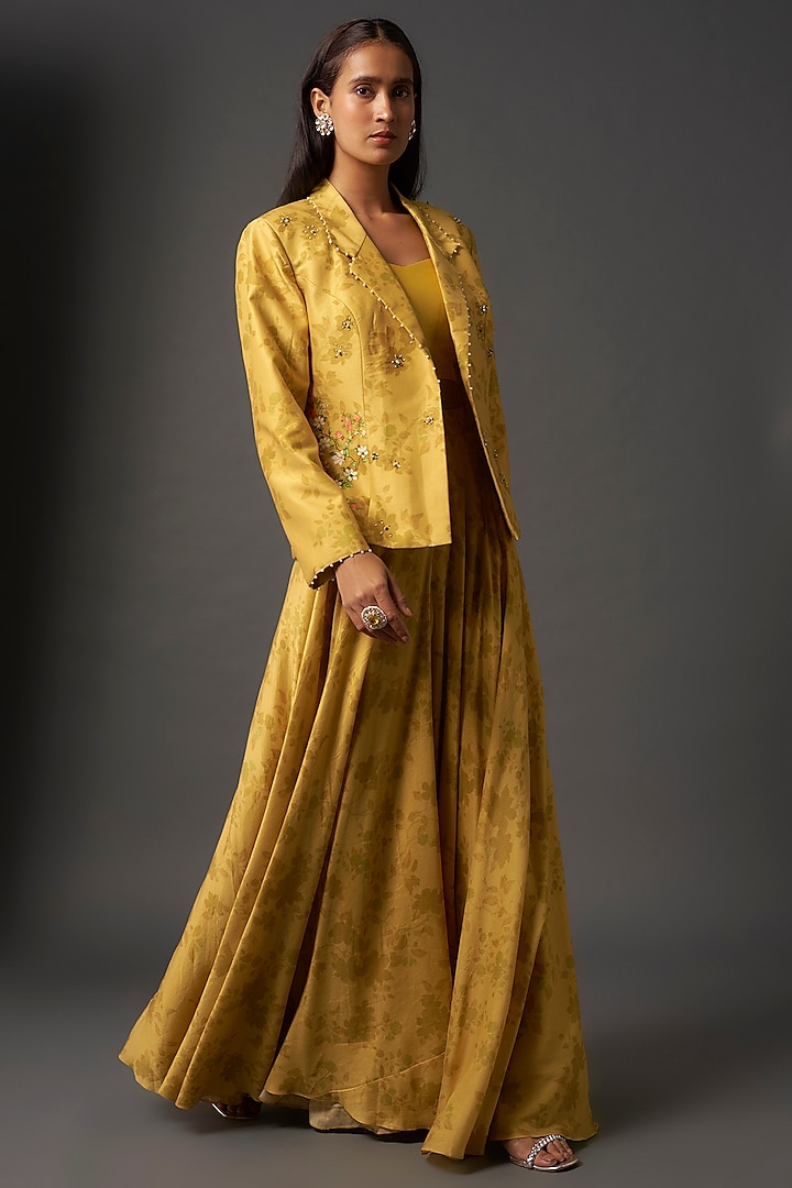 Yellow Chanderi Silk Printed Waistcoat Lehenga Set by Isha Gupta Tayal at Pernia's Pop Up Shop