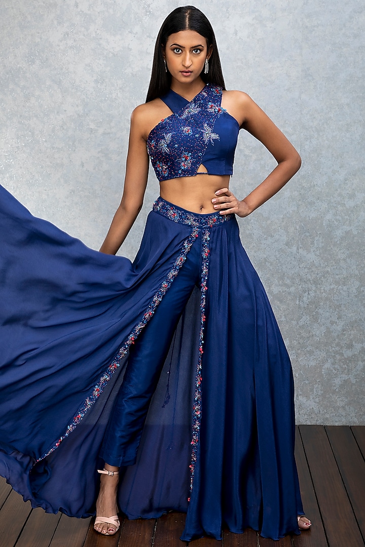 Tanzanite Blue Front Slit Skirt Set by Isha Gupta Tayal