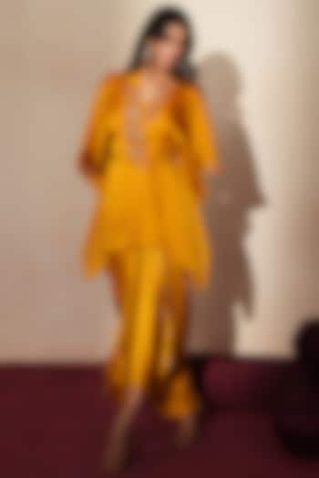 Golden Satin Draped Skirt Set by Isha Gupta Tayal at Pernia's Pop Up Shop