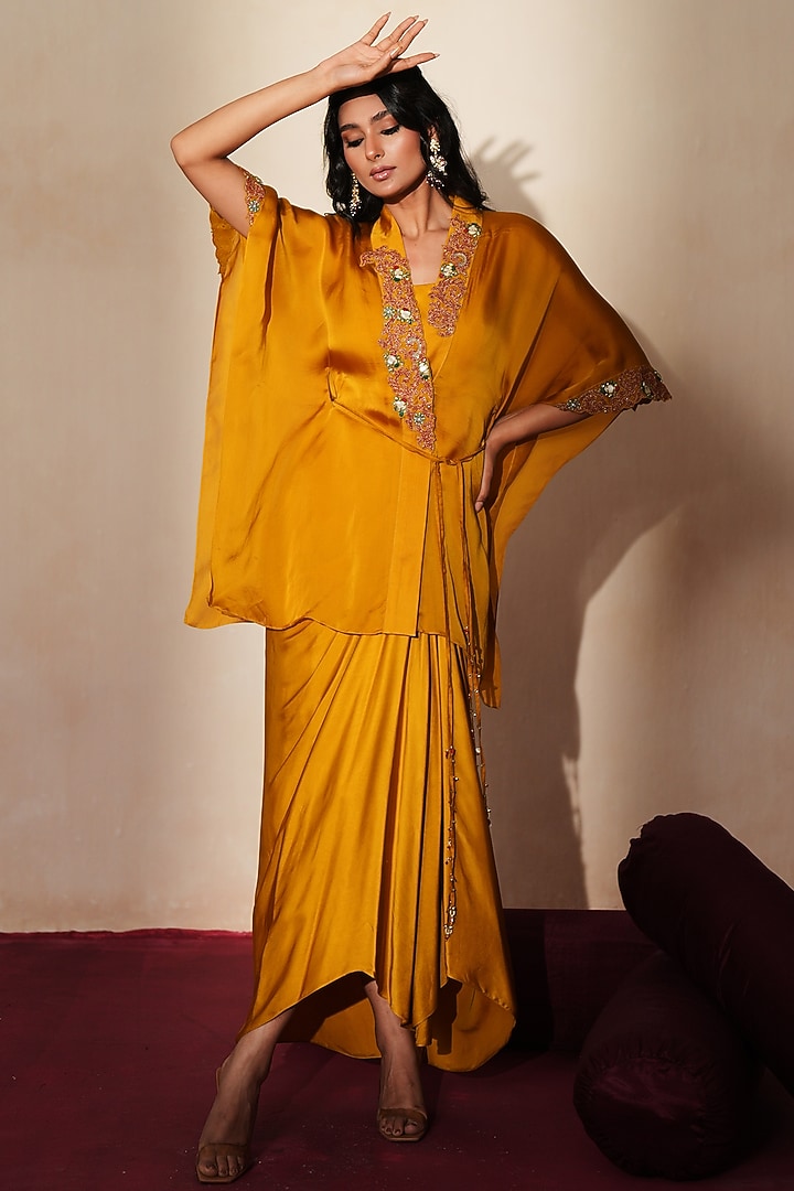 Golden Satin Draped Skirt Set by Isha Gupta Tayal at Pernia's Pop Up Shop