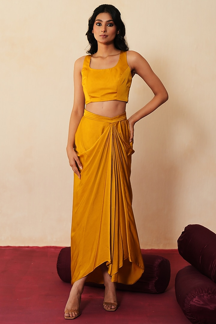 Golden Satin Draped Skirt Set by Isha Gupta Tayal at Pernia's Pop Up Shop