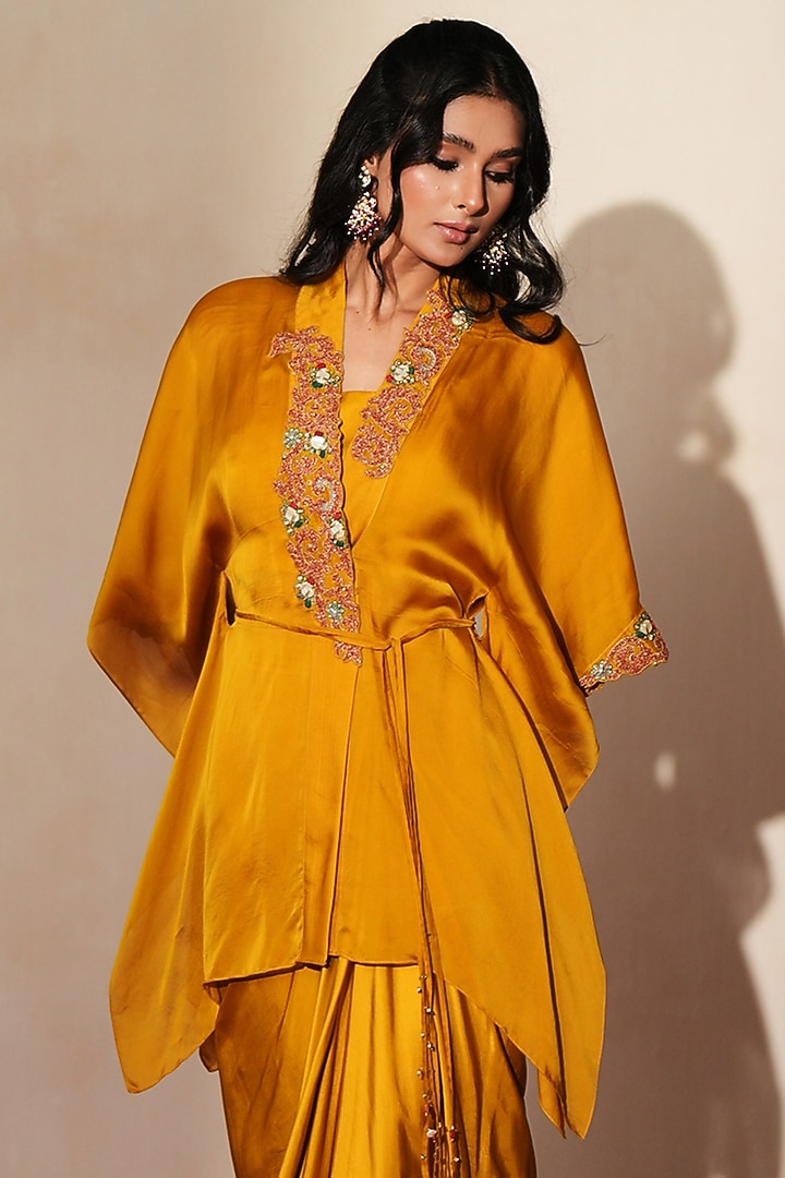 Golden Satin Draped Skirt Set by Isha Gupta Tayal at Pernia's Pop Up Shop