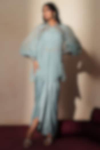 Metallic Blue Satin Draped Skirt Set by Isha Gupta Tayal at Pernia's Pop Up Shop