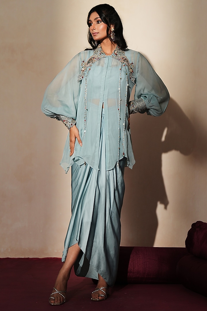 Metallic Blue Satin Draped Skirt Set by Isha Gupta Tayal at Pernia's Pop Up Shop