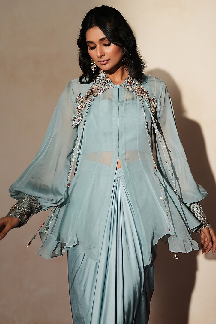 Metallic Blue Satin Draped Skirt Set by Isha Gupta Tayal at Pernia's Pop Up Shop