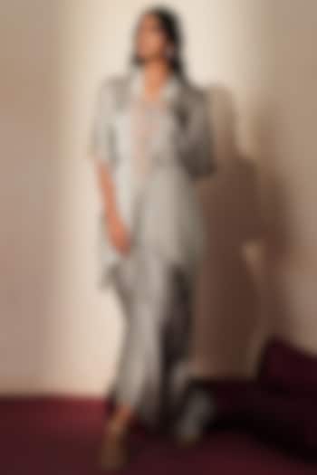 Metallic Grey Satin Draped Skirt Set by Isha Gupta Tayal at Pernia's Pop Up Shop