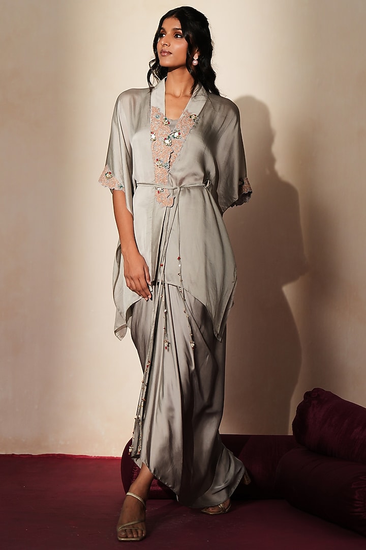 Metallic Grey Satin Draped Skirt Set by Isha Gupta Tayal at Pernia's Pop Up Shop