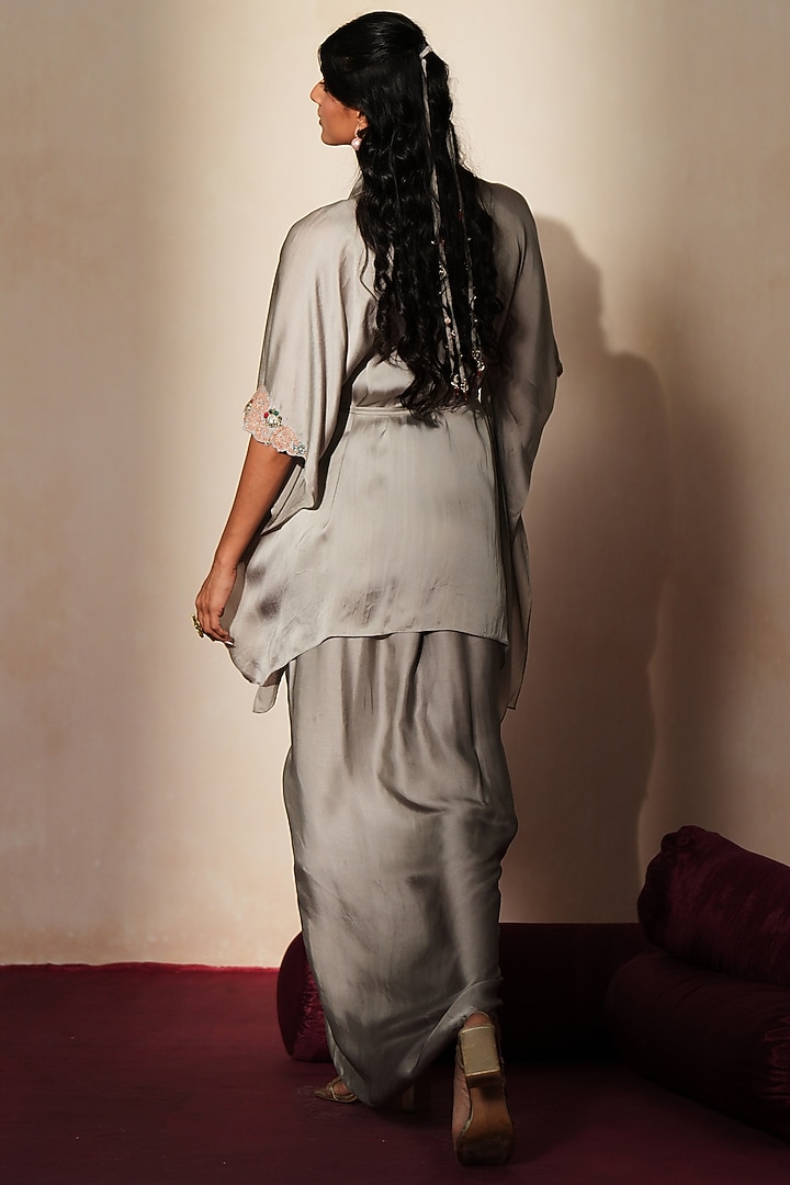 Metallic Grey Satin Draped Skirt Set by Isha Gupta Tayal at Pernia's Pop Up Shop