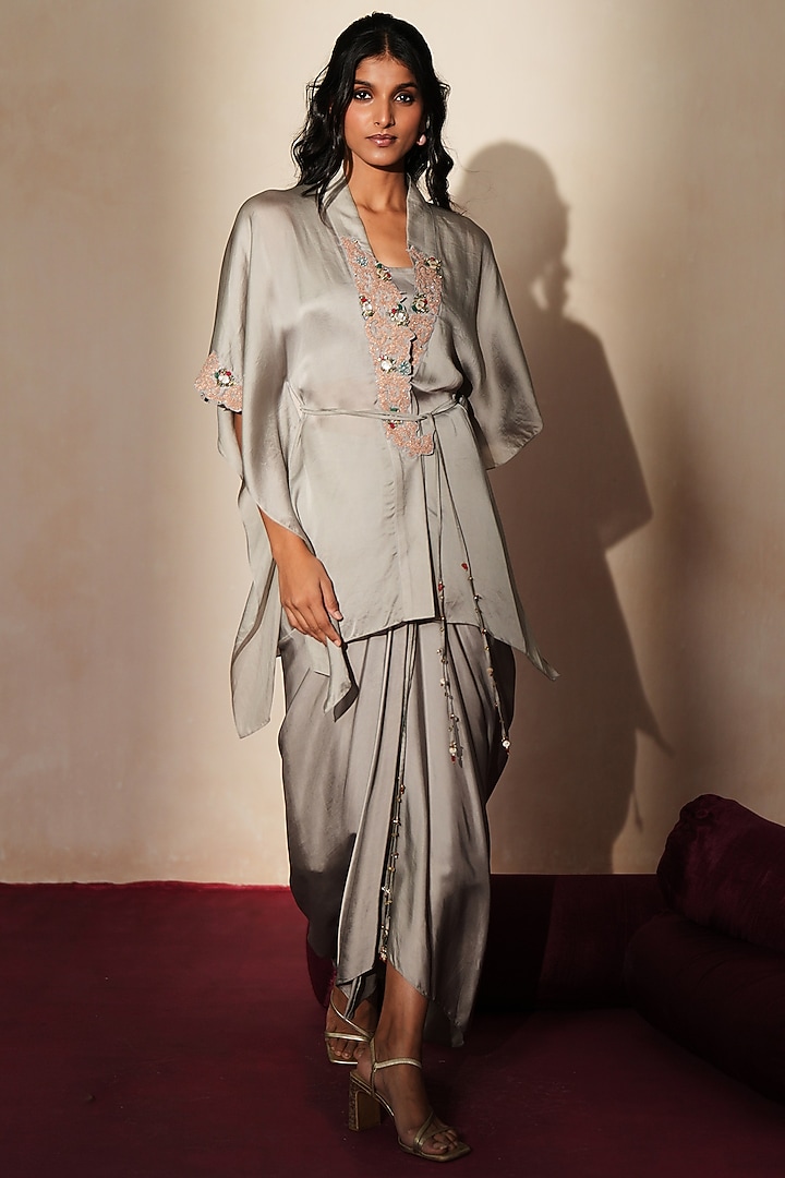 Metallic Grey Satin Draped Skirt Set by Isha Gupta Tayal at Pernia's Pop Up Shop
