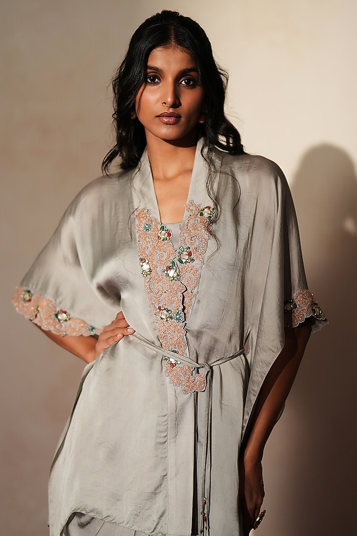 Metallic Grey Satin Draped Skirt Set by Isha Gupta Tayal at Pernia's Pop Up Shop