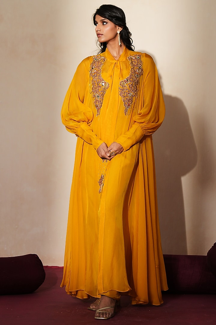 Golden Yellow Organza Zardosi Embroidered Cape Set by Isha Gupta Tayal at Pernia's Pop Up Shop