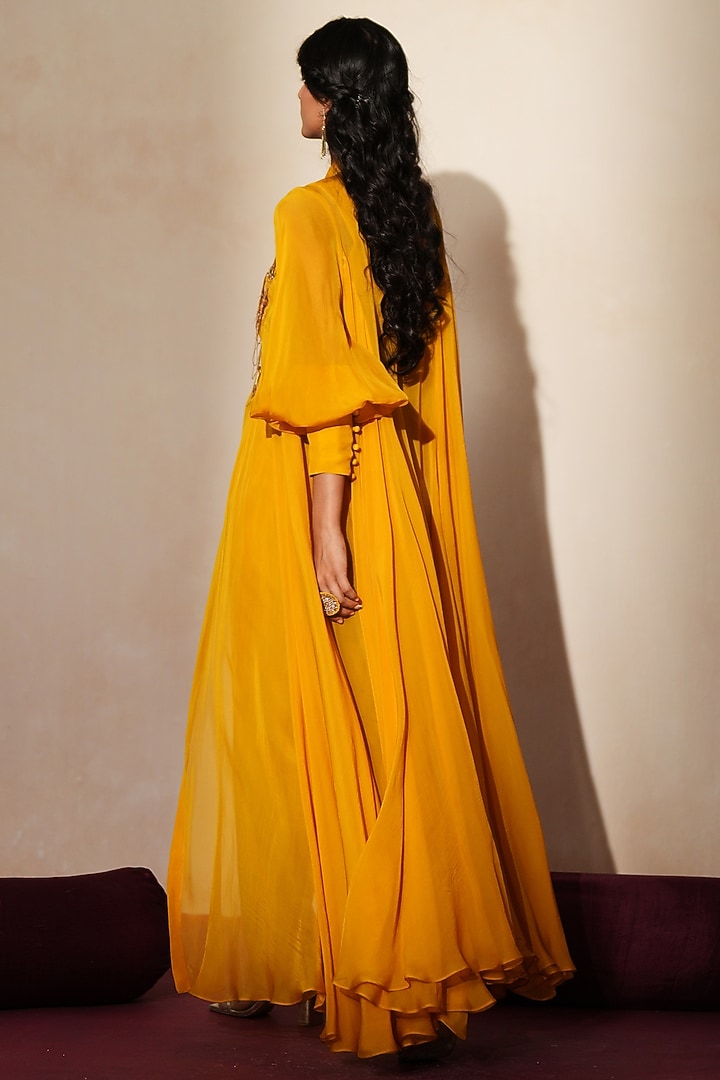 Golden Yellow Organza Zardosi Embroidered Cape Set by Isha Gupta Tayal at Pernia's Pop Up Shop