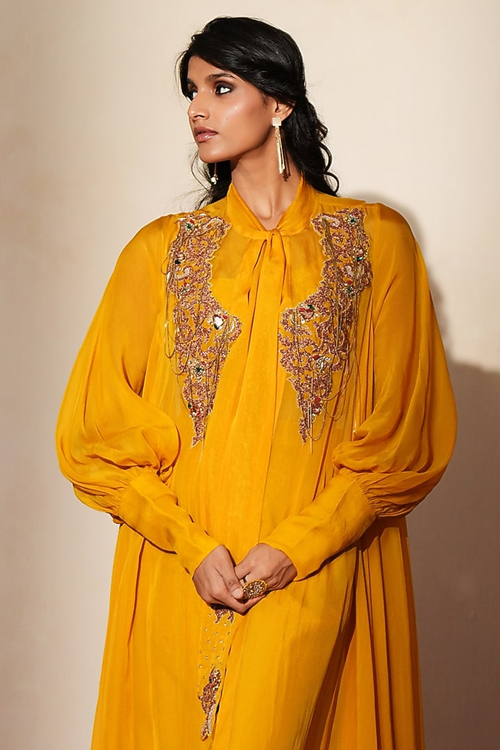 Golden Yellow Organza Zardosi Embroidered Cape Set by Isha Gupta Tayal at Pernia's Pop Up Shop