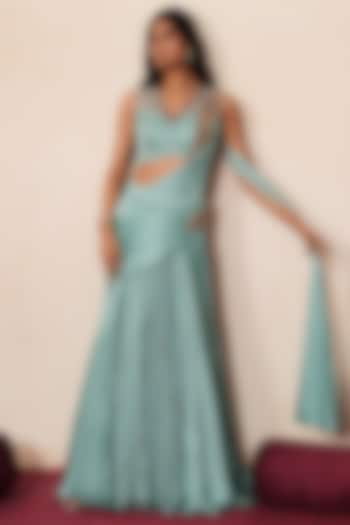 Metallic Pastel Blue Organza & Satin Pre-Draped Wedding Saree Set by Isha Gupta Tayal at Pernia's Pop Up Shop