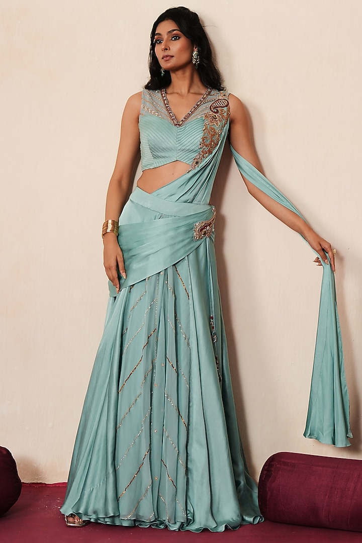 Metallic Pastel Blue Organza & Satin Pre-Draped Wedding Saree Set by Isha Gupta Tayal at Pernia's Pop Up Shop