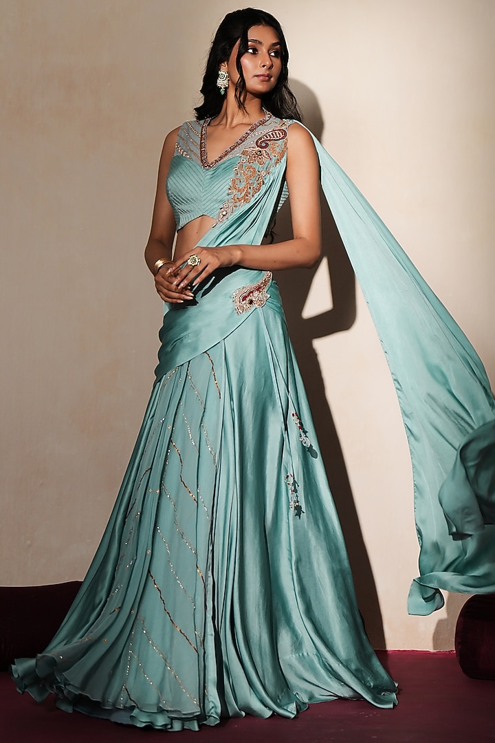 Metallic Pastel Blue Organza & Satin Pre-Draped Wedding Saree Set by Isha Gupta Tayal at Pernia's Pop Up Shop
