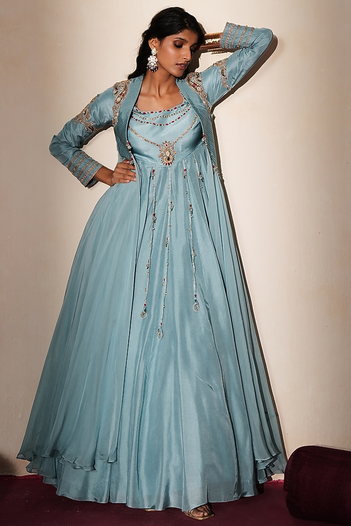 Metallic Pastel Blue Silk Embroidered Jacket Wedding Anarkali by Isha Gupta Tayal at Pernia's Pop Up Shop