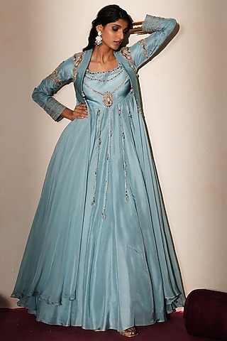 Metallic Pastel Blue Silk Embroidered Jacket Anarkali by Isha Gupta Tayal