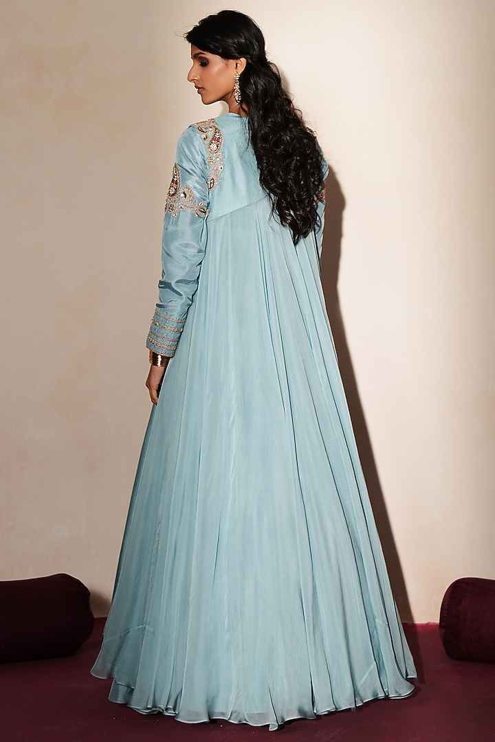 Metallic Pastel Blue Silk Embroidered Jacket Wedding Anarkali by Isha Gupta Tayal at Pernia's Pop Up Shop