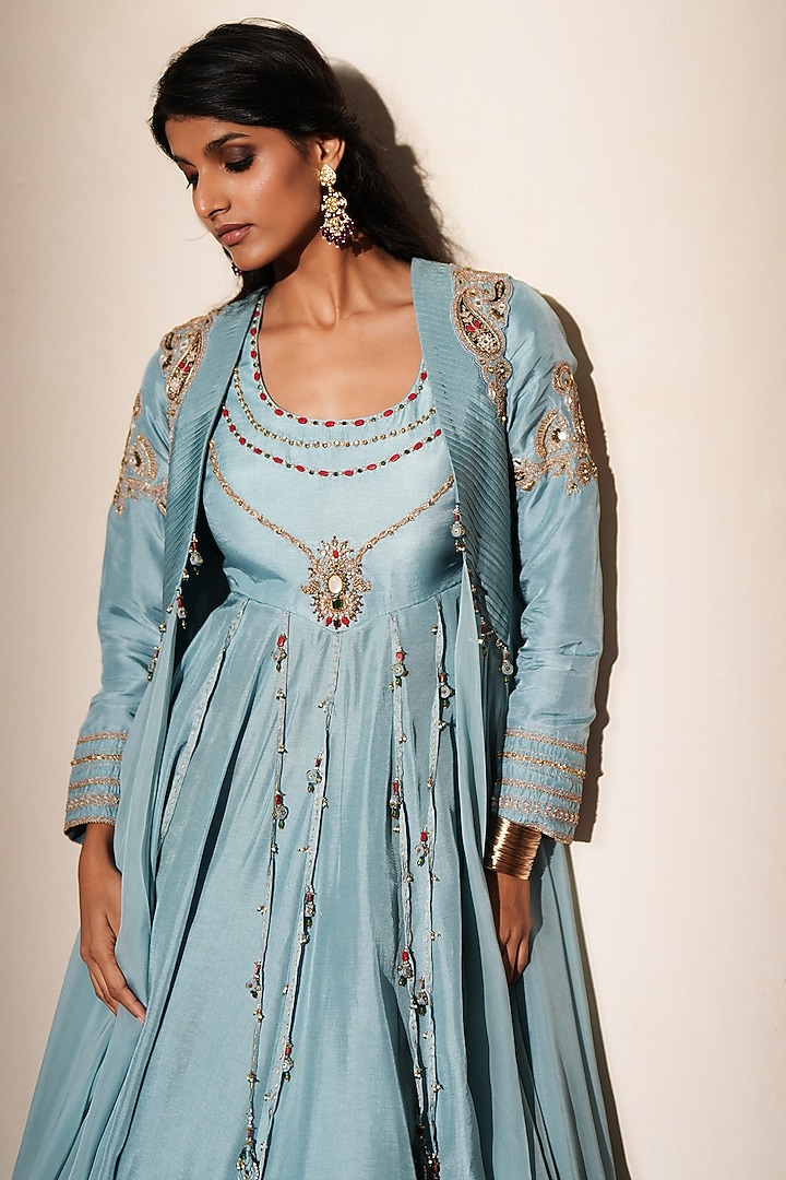 Metallic Pastel Blue Silk Embroidered Jacket Wedding Anarkali by Isha Gupta Tayal at Pernia's Pop Up Shop