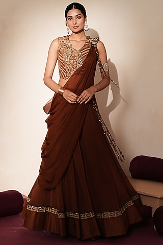 Metallic Brown Organza Embroidered Lehenga Set by Isha Gupta Tayal