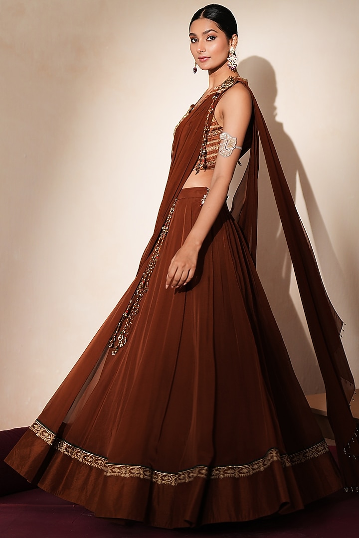 Metallic Brown Organza Embroidered Wedding Lehenga Set by Isha Gupta Tayal at Pernia's Pop Up Shop